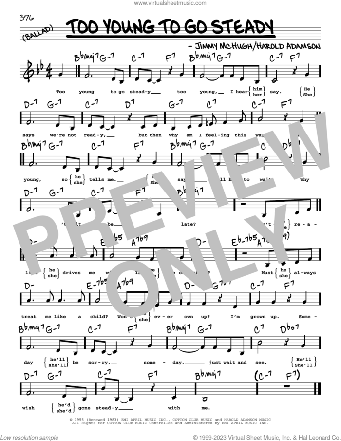 Too Young To Go Steady (Low Voice) sheet music for voice and other instruments (low voice) by Harold Adamson and Jimmy McHugh, intermediate skill level