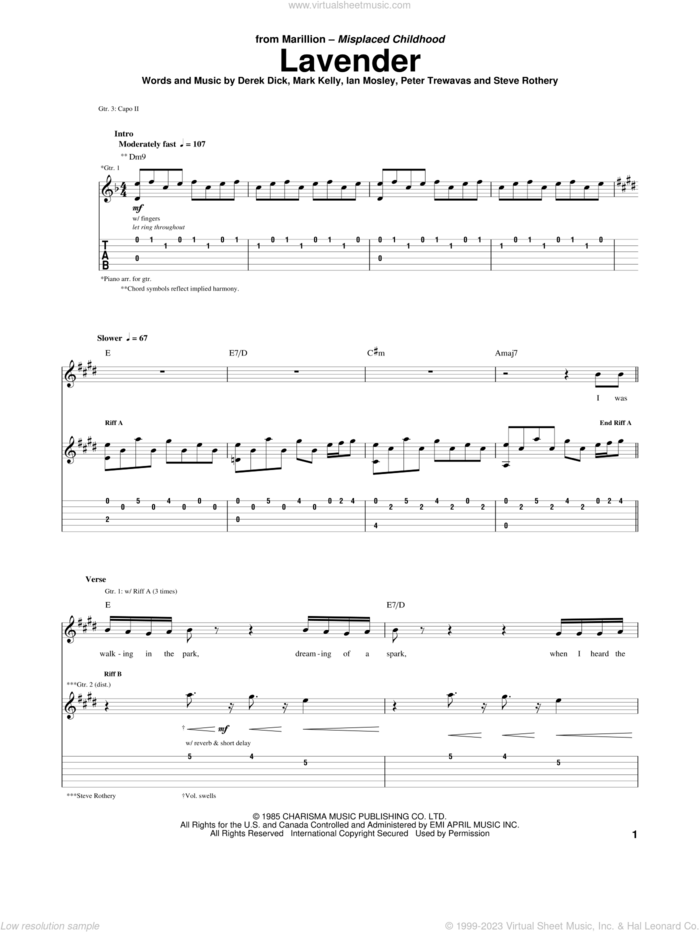 Lavender sheet music for guitar (tablature) by Marillion, Derek Dick, Ian Mosley, Mark Kelly, Peter Trewavas and Steve Rothery, intermediate skill level