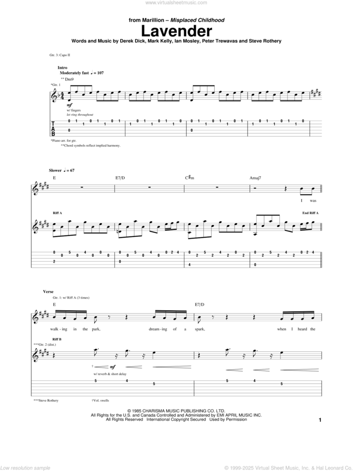 Lavender sheet music for guitar (tablature) by Marillion, Derek Dick, Ian Mosley, Mark Kelly, Peter Trewavas and Steve Rothery, intermediate skill level