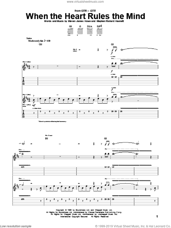 When The Heart Rules The Mind sheet music for guitar (tablature) by GTR, Steve Hackett and Steve Howe, intermediate skill level