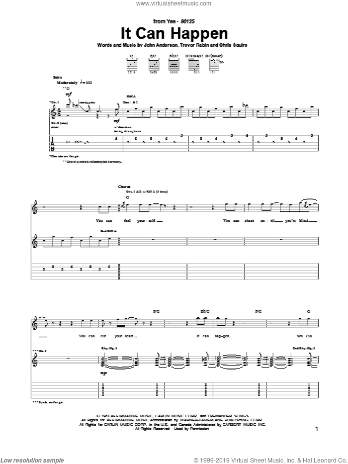 It Can Happen sheet music for guitar (tablature) by Yes, Chris Squire, John Anderson and Trevor Rabin, intermediate skill level
