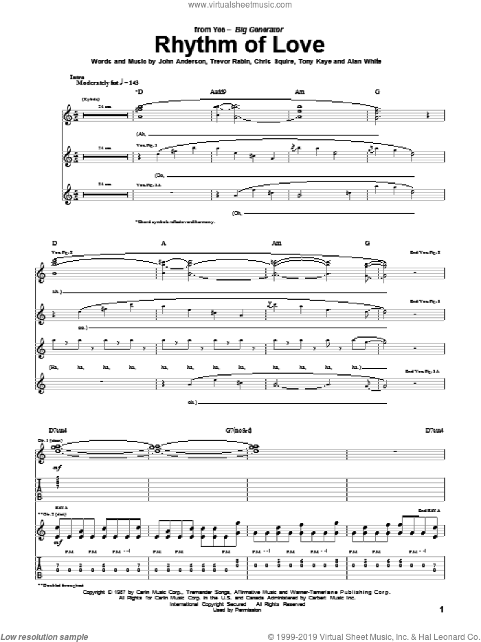 Rhythm Of Love sheet music for guitar (tablature) by Yes, Alan White, Chris Squire, John Anderson, Tony Kaye and Trevor Rabin, intermediate skill level