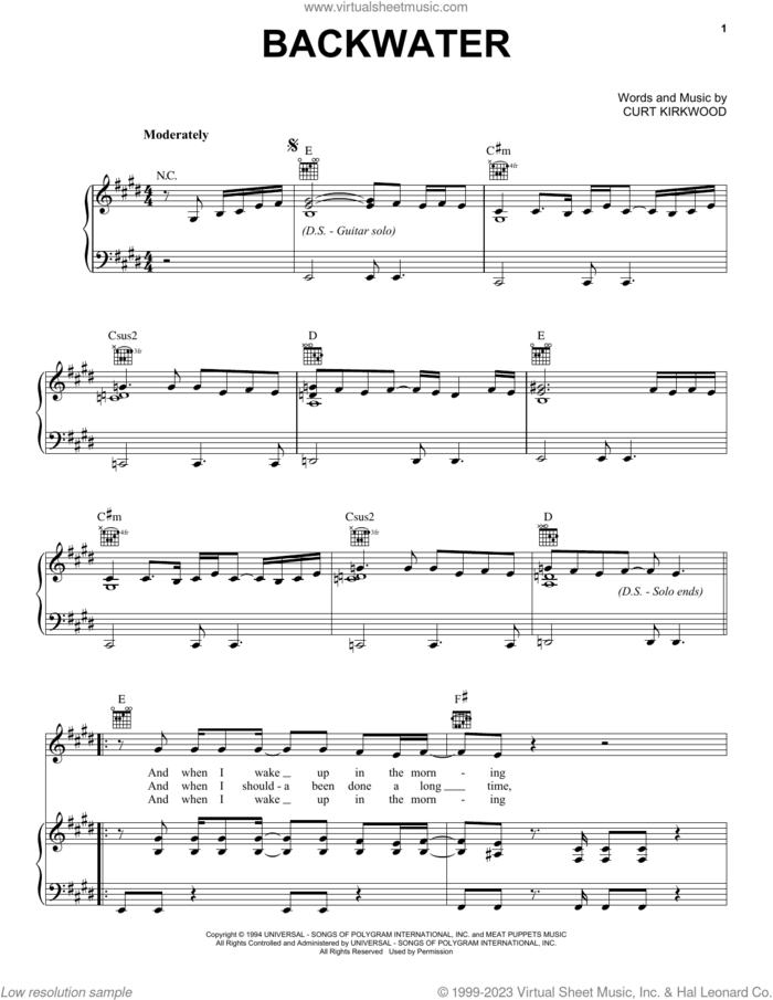 Backwater sheet music for voice, piano or guitar by Meat Puppets and Curt Kirkwood, intermediate skill level