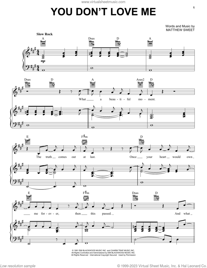 You Don't Love Me sheet music for voice, piano or guitar by Matthew Sweet, intermediate skill level