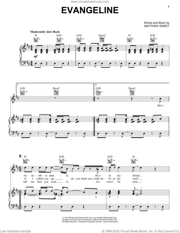 Evangeline sheet music for voice, piano or guitar by Matthew Sweet, intermediate skill level