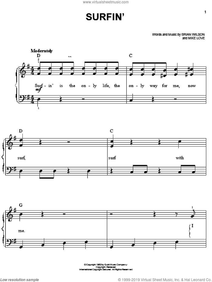 Surfin' sheet music for piano solo by The Beach Boys, Brian Wilson and Mike Love, easy skill level