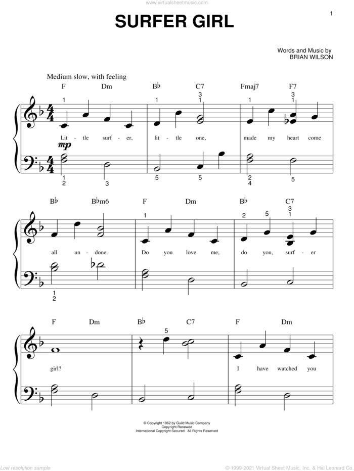 Surfer Girl sheet music for piano solo (big note book) by The Beach Boys and Brian Wilson, easy piano (big note book)