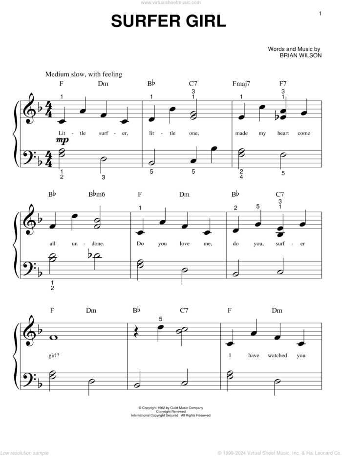 Surfer Girl sheet music for piano solo (big note book) by The Beach Boys and Brian Wilson, easy piano (big note book)