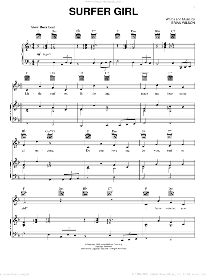 Surfer Girl sheet music for voice, piano or guitar by The Beach Boys and Brian Wilson, intermediate skill level