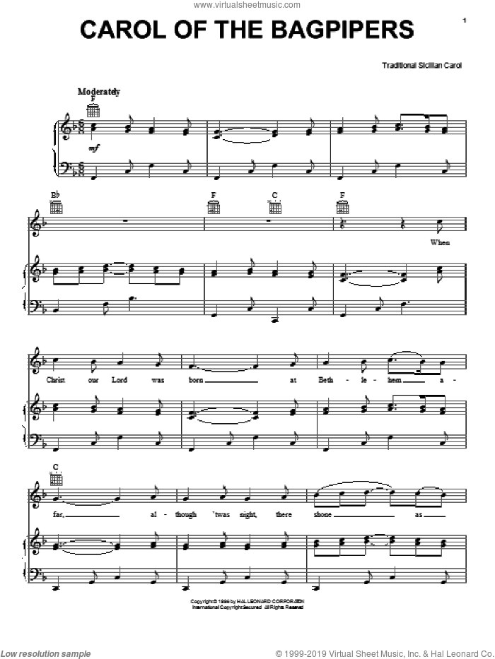 Carol Of The Bagpipers sheet music for voice, piano or guitar, intermediate skill level