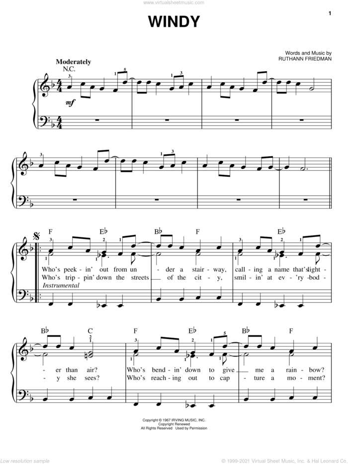 Windy sheet music for piano solo by The Association and Ruthann Friedman, easy skill level