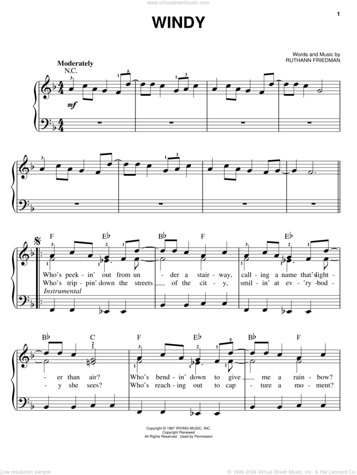 Windy sheet music for piano solo by The Association and Ruthann Friedman, easy skill level