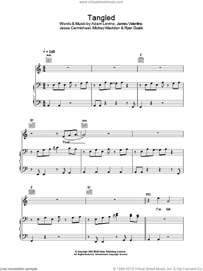 Tangled sheet music for voice, piano or guitar by Maroon 5, intermediate skill level