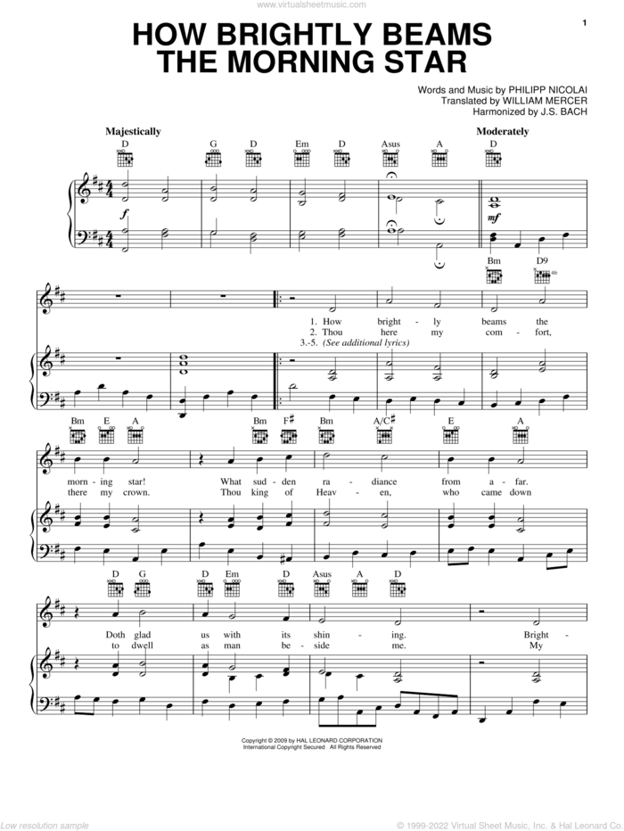 How Brightly Beams The Morning Star sheet music for voice, piano or guitar by Philipp Nicolai, Johann Sebastian Bach and William Mercer, intermediate skill level