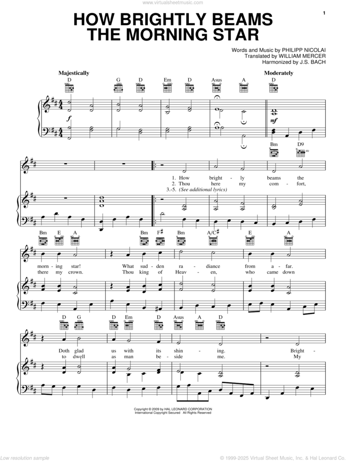 How Brightly Beams The Morning Star sheet music for voice, piano or guitar by Philipp Nicolai, Johann Sebastian Bach and William Mercer, intermediate skill level