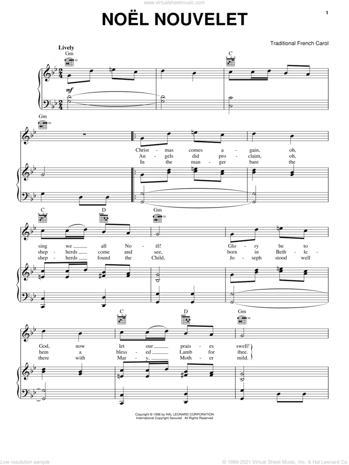 Noel Nouvelet sheet music for voice, piano or guitar, intermediate skill level
