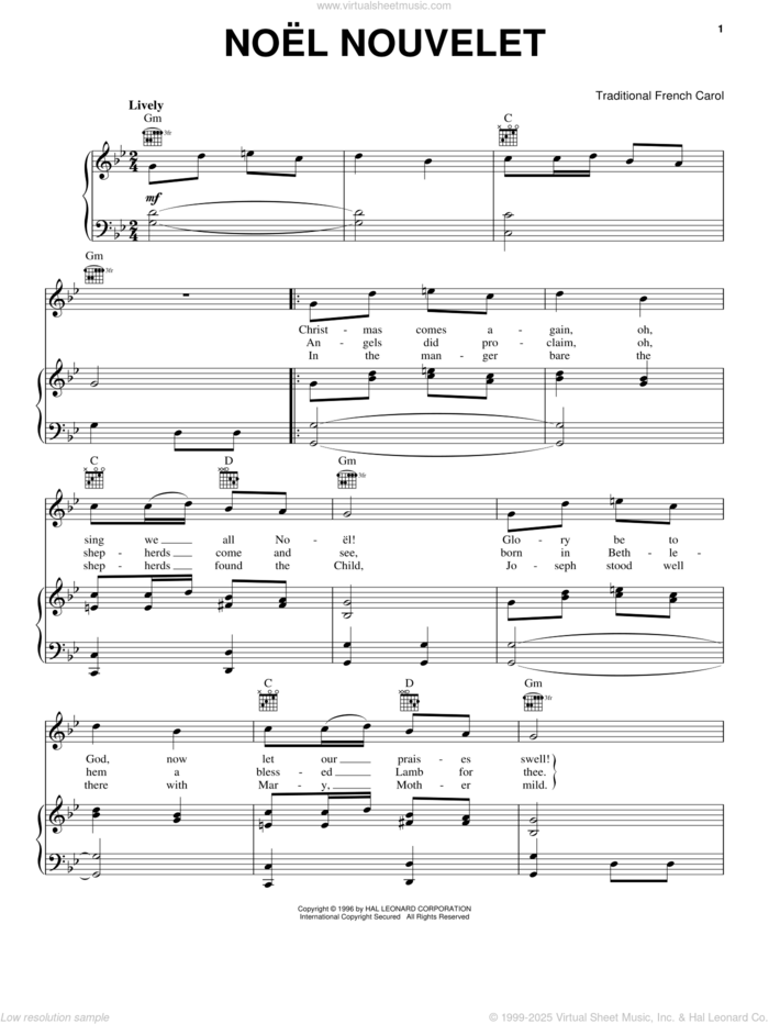 Noel Nouvelet sheet music for voice, piano or guitar, intermediate skill level