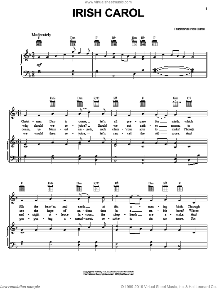 Irish Carol sheet music for voice, piano or guitar, intermediate skill level