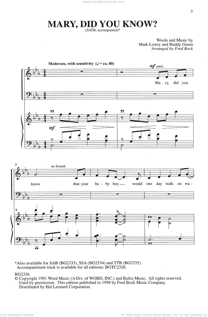 Mary, Did You Know? (arr. Fred Bock) sheet music for choir (SATB: soprano, alto, tenor, bass) by Buddy Greene, Fred Bock and Mark Lowry, intermediate skill level