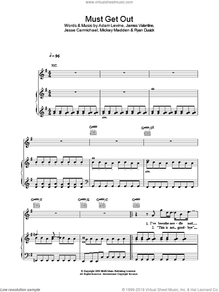 Must Get Out sheet music for voice, piano or guitar by Maroon 5, intermediate skill level