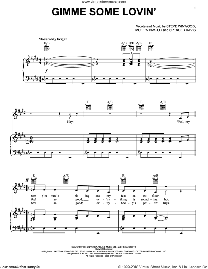 Gimme Some Lovin' sheet music for voice, piano or guitar by The Spencer Davis Group, Muff Winwood, Spencer Davis and Steve Winwood, intermediate skill level