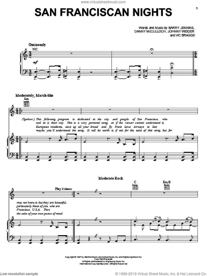 San Franciscan Nights sheet music for voice, piano or guitar by Eric Burdon & The Animals, Barry Jenkins, Danny McCulloch, Johnny Weider and Vic Braggs, intermediate skill level