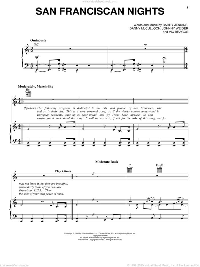 San Franciscan Nights sheet music for voice, piano or guitar by Eric Burdon & The Animals, Barry Jenkins, Danny McCulloch, Johnny Weider and Vic Braggs, intermediate skill level