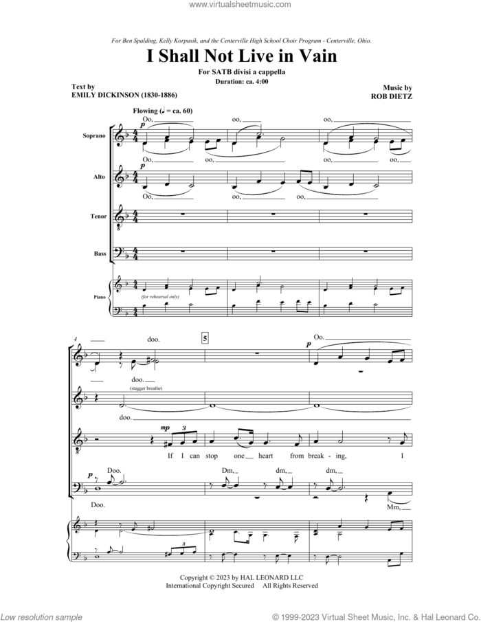 I Shall Not Live In Vain sheet music for choir (SATB Divisi) by Rob Dietz and Emily Dickinson, intermediate skill level