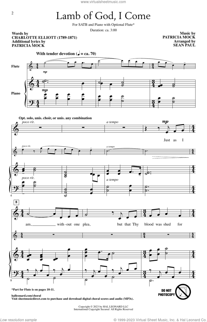 Lamb of God, I Come (arr. Sean Paul) sheet music for choir (SATB: soprano, alto, tenor, bass) by Patricia Mock, Sean Paul and Charlotte Elliott, intermediate skill level