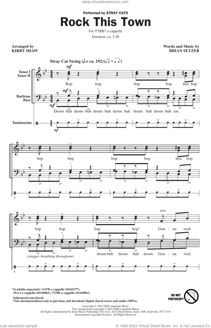 Rock This Town (arr. Kirby Shaw) sheet music for choir (TTBB: tenor, bass) by Stray Cats, Kirby Shaw and Brian Setzer, intermediate skill level