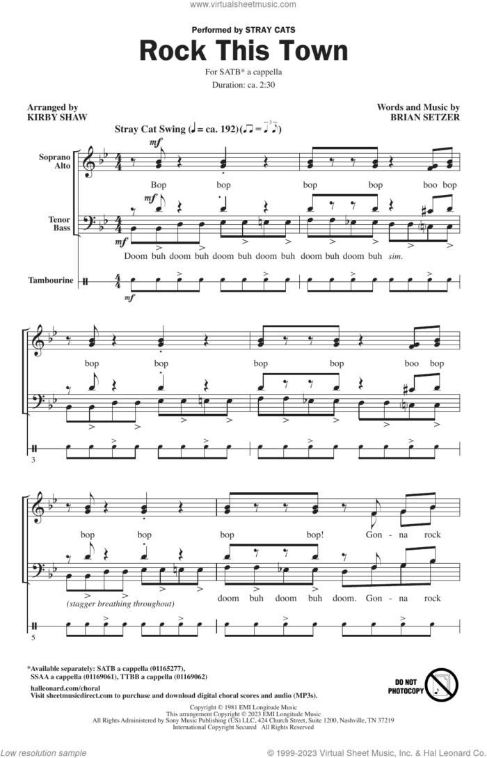 Rock This Town (arr. Kirby Shaw) sheet music for choir (SATB: soprano, alto, tenor, bass) by Stray Cats, Kirby Shaw and Brian Setzer, intermediate skill level