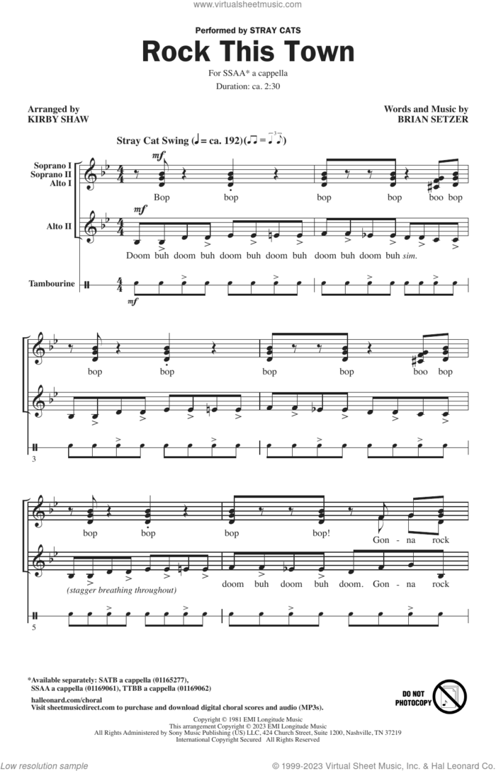 Rock This Town (arr. Kirby Shaw) sheet music for choir (SSAA: soprano, alto) by Stray Cats, Kirby Shaw and Brian Setzer, intermediate skill level