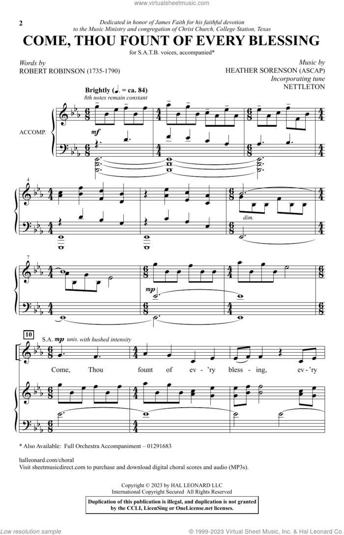 Come, Thou Fount of Every Blessing sheet music for choir (SATB: soprano, alto, tenor, bass) by Heather Sorenson and Robert Robinson, intermediate skill level