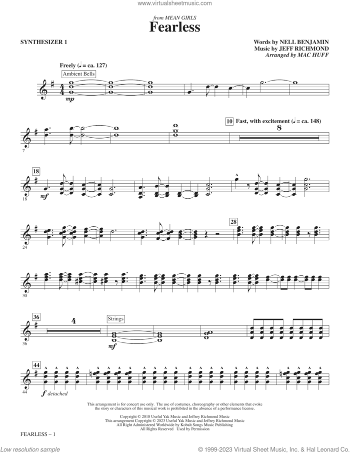 Fearless (from Mean Girls: The Broadway Musical) (arr. Mac Huff) (complete set of parts) sheet music for orchestra/band (Rhythm) by Mac Huff, Jeff Richmond, Jeff Richmond & Nell Benjamin and Nell Benjamin, intermediate skill level
