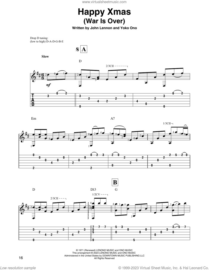 Happy Xmas (War Is Over) sheet music for guitar solo by John Lennon, Sarah McLachlan, The Fray and Yoko Ono, intermediate skill level