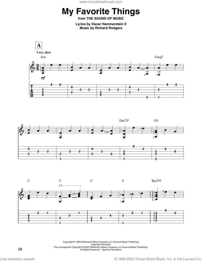 My Favorite Things (from The Sound Of Music) sheet music for guitar solo by Rodgers & Hammerstein, Oscar II Hammerstein and Richard Rodgers, intermediate skill level