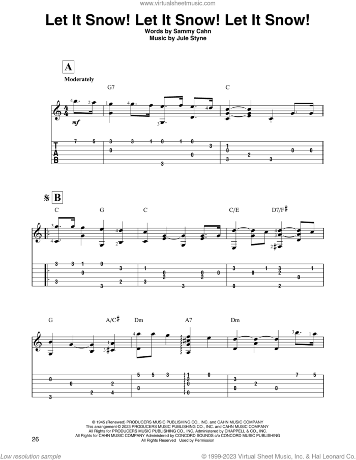 Let It Snow! Let It Snow! Let It Snow! sheet music for guitar solo by Sammy Cahn and Jule Styne, intermediate skill level