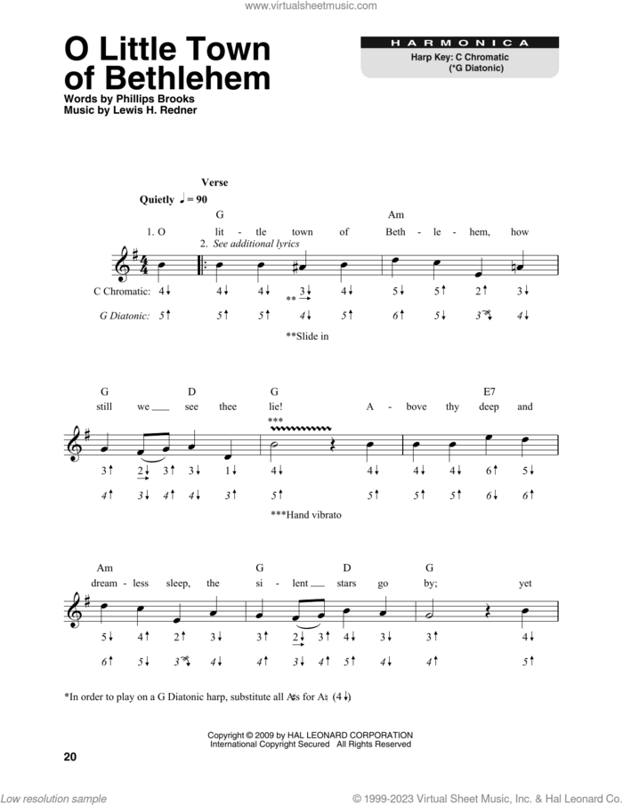 O Little Town Of Bethlehem sheet music for harmonica solo by Lewis Redner and Phillips Brooks, intermediate skill level