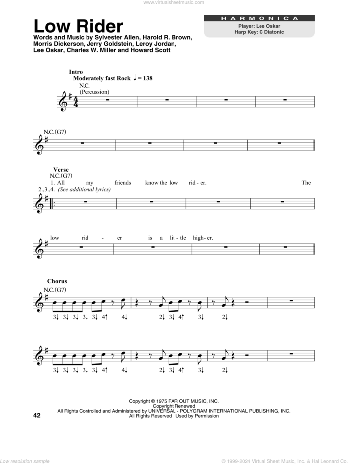 Low Rider sheet music for harmonica solo by War, Charles W. Miller, Harold R. Brown, Howard Scott, Jerry Goldstein, Lee Oskar, Leroy Jordan, Morris Dickerson and Sylvester Allen, intermediate skill level