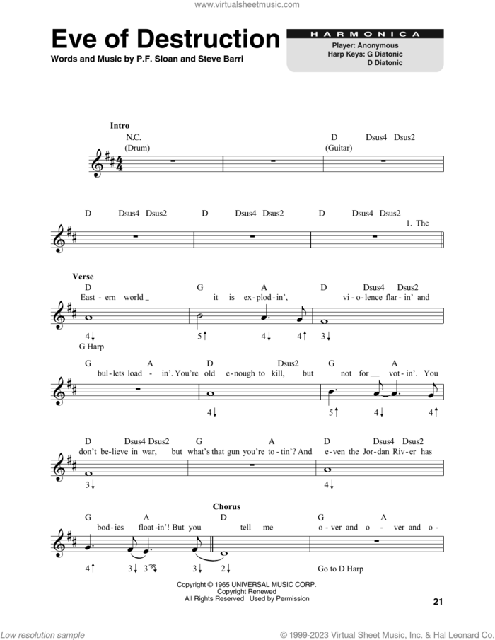 Eve Of Destruction sheet music for harmonica solo by Barry McGuire, P.F. Sloan and Steve Barri, intermediate skill level