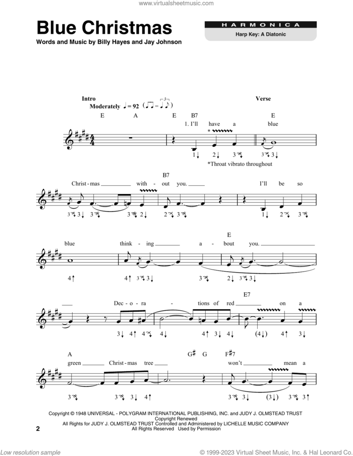 Blue Christmas sheet music for harmonica solo by Elvis Presley, Billy Hayes and Jay Johnson, intermediate skill level