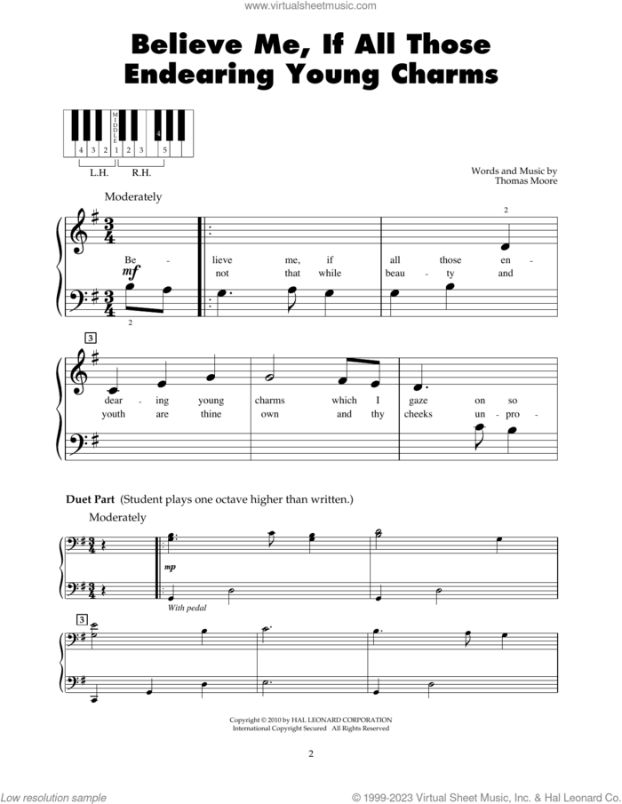 Believe Me, If All Those Endearing Young Charms sheet music for piano solo (5-fingers) by Thomas Moore, beginner piano (5-fingers)