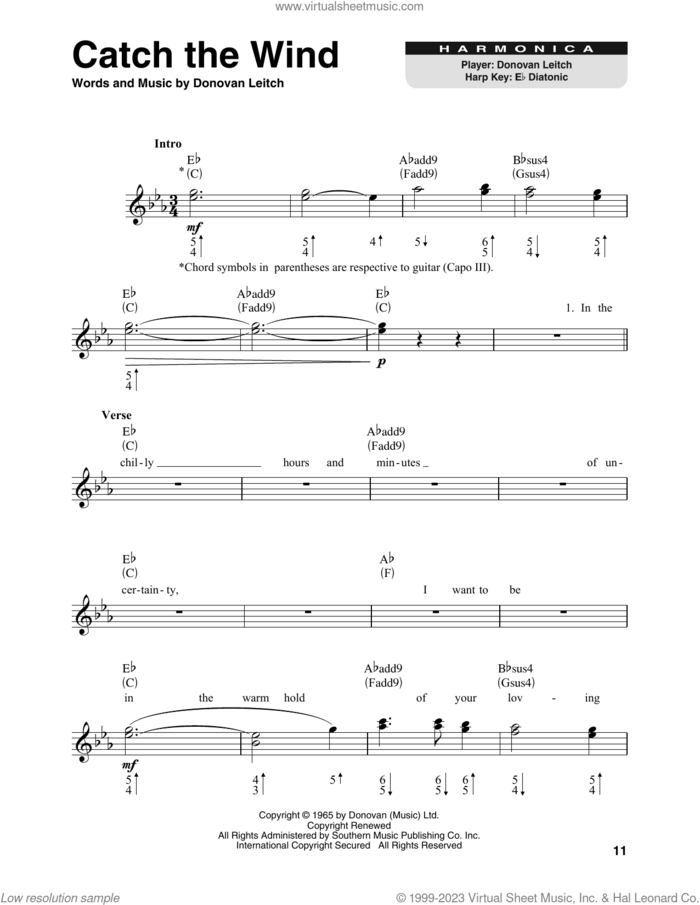 Catch The Wind sheet music for harmonica solo by Walter Donovan and Donovan Leitch, intermediate skill level