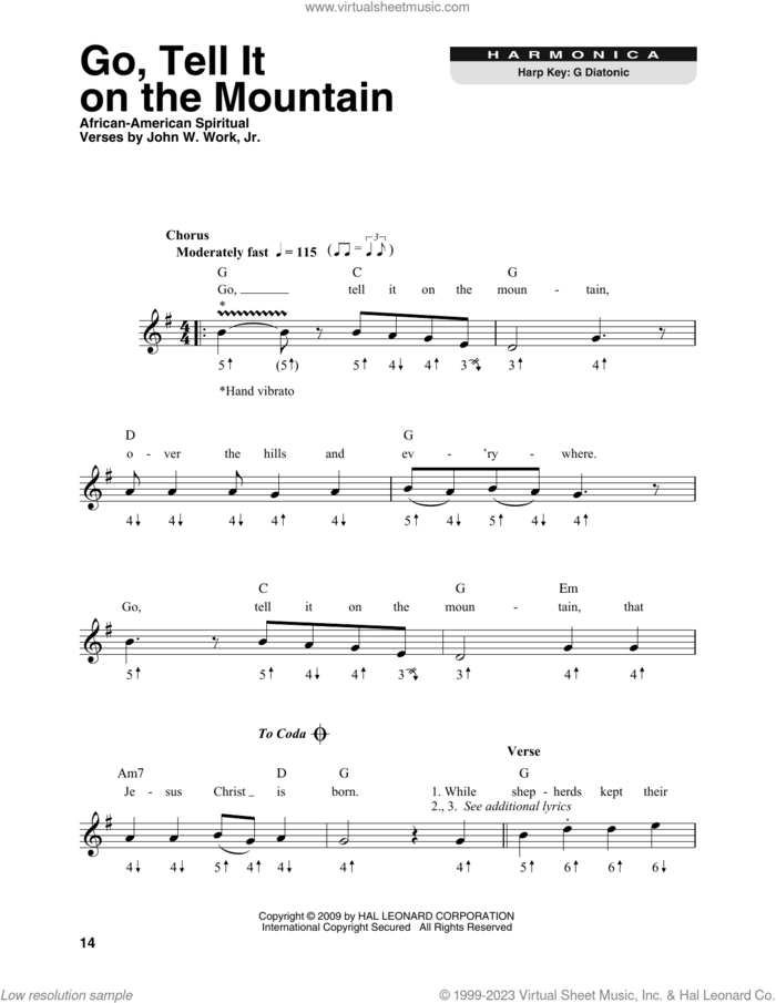Go, Tell It On The Mountain sheet music for harmonica solo by John W. Work, Jr. and Miscellaneous, intermediate skill level