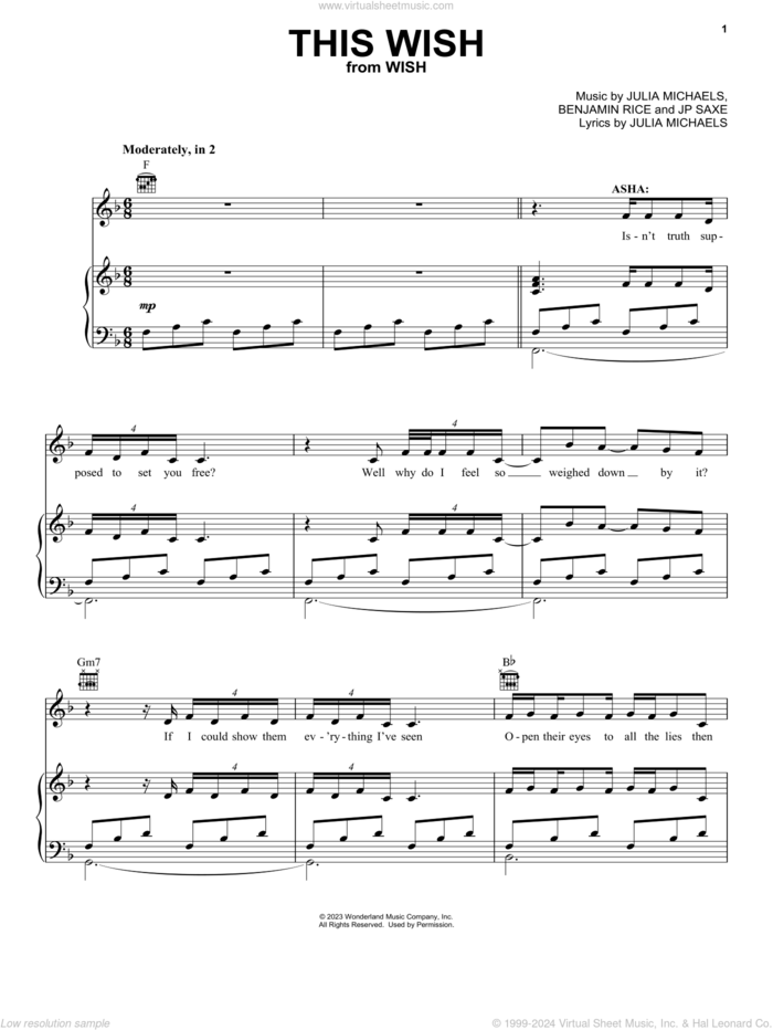 This Wish (from Wish) sheet music for voice, piano or guitar by Ariana DeBose, Benjamin Rice, JP Saxe and Julia Michaels, intermediate skill level