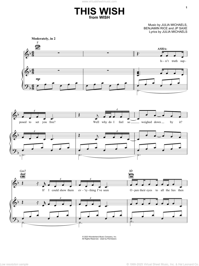 This Wish (from Wish) sheet music for voice, piano or guitar by Ariana DeBose, Benjamin Rice, JP Saxe and Julia Michaels, intermediate skill level