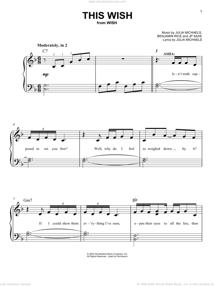 This Wish (from Wish) sheet music for piano solo by Ariana DeBose, Benjamin Rice, JP Saxe and Julia Michaels, easy skill level