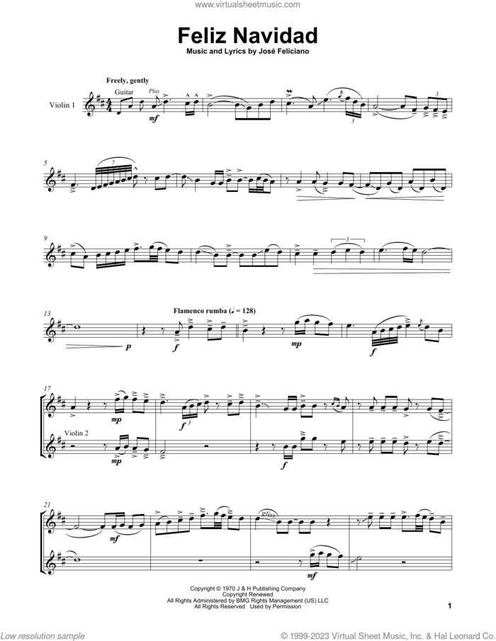 Feliz Navidad sheet music for two violins (duets, violin duets) by Lindsey Stirling and Jose Feliciano, intermediate skill level