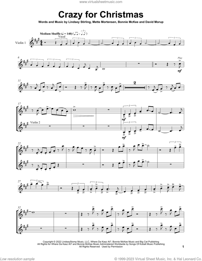 Crazy For Christmas (feat. Bonnie McKee) sheet music for two violins (duets, violin duets) by Lindsey Stirling, Bonnie McKee, David Morup and Mette Mortensen, intermediate skill level