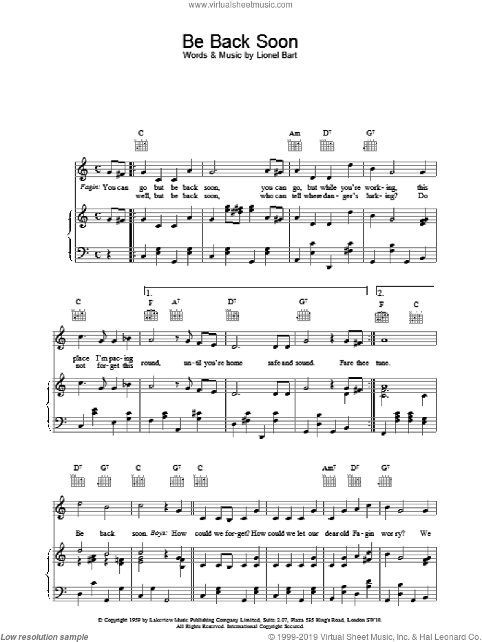 Be Back Soon sheet music for voice, piano or guitar by Lionel Bart, intermediate skill level